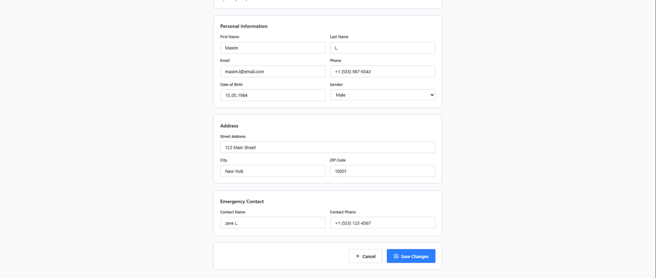 Patient profile edit wireframe
